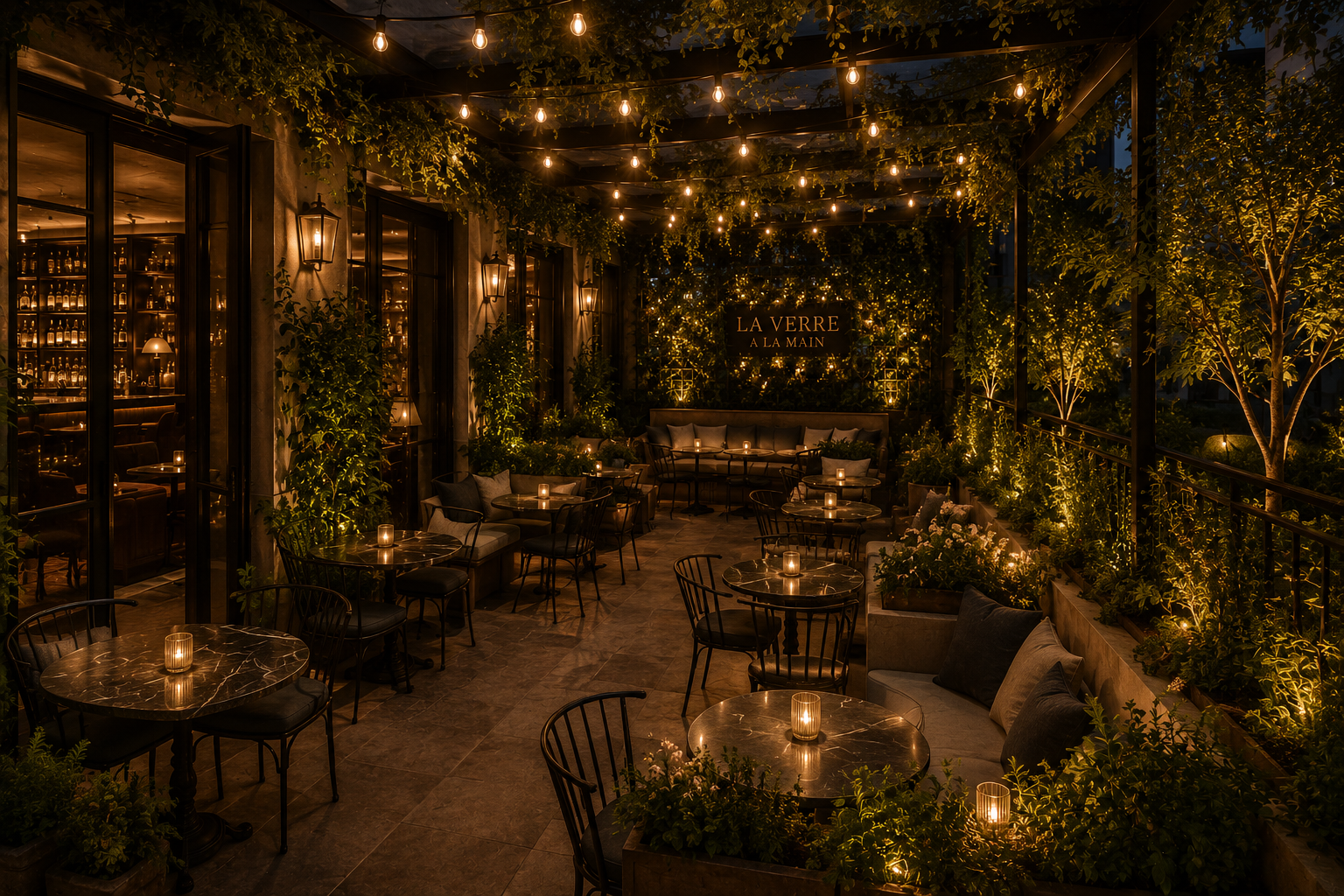 Le Verre à la Main — terrace at night with string lights in Antibes
